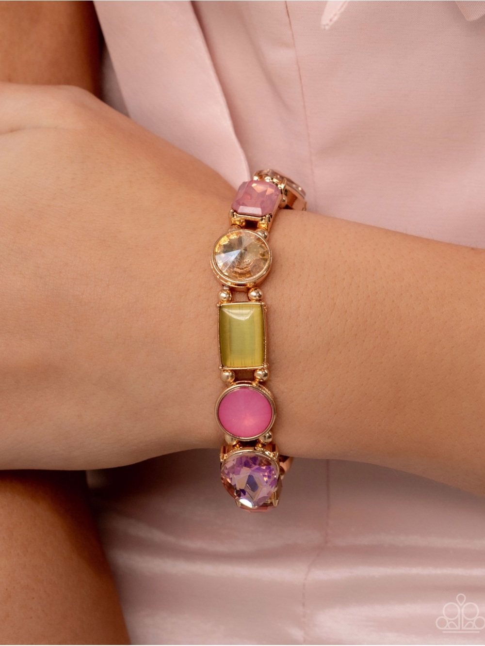 Gold-Tone Multi-Stone Bracelet in Pink, Lime & Clear